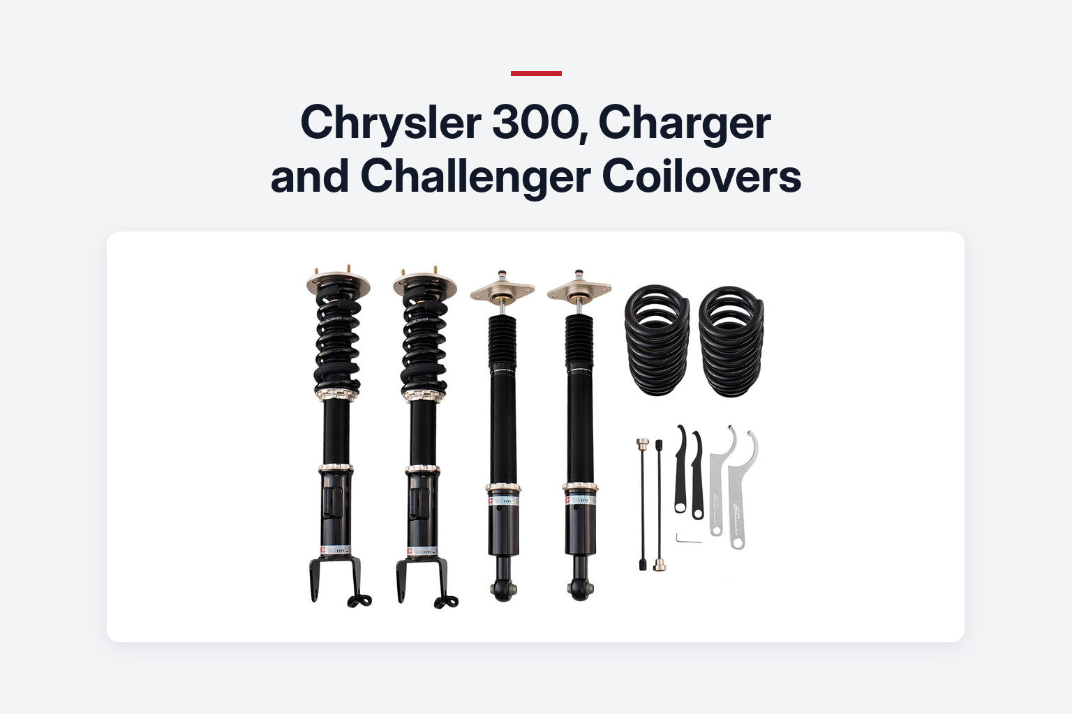 BC Racing coilover kit for the Dodge Charger with front and rear units and spanners